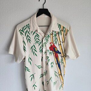 Vintage Vacation Button Down Shirt with Parrot Bamboo Motif